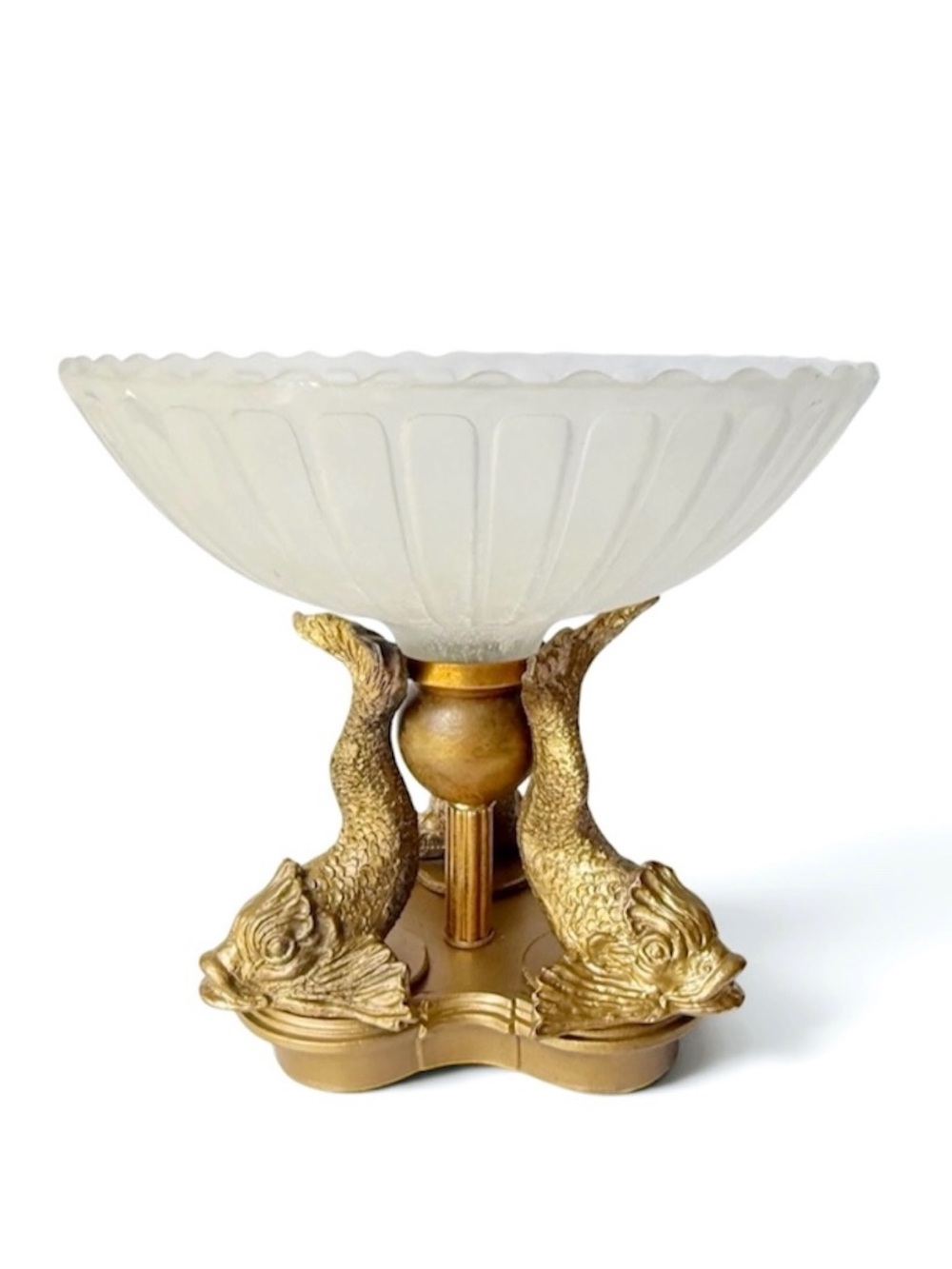 Vintage Frosted Glass Bowl Compote on Dolphin Form Base Gilt Resin Centerpiece